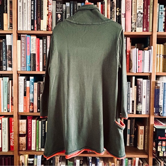 Boutique Hunter Green Orange Trim Cowl Knit A-Line Pockets Swing Tunic Dress M - Picture 8 of 8